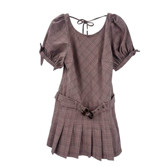 Free People Sevi Plaid Mini Dress Puff Sleeve Grey and Pink Combo Size L NWOT - Picture 8 of 12